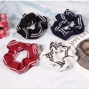 4 soft striped scrunchies. Red black white navy